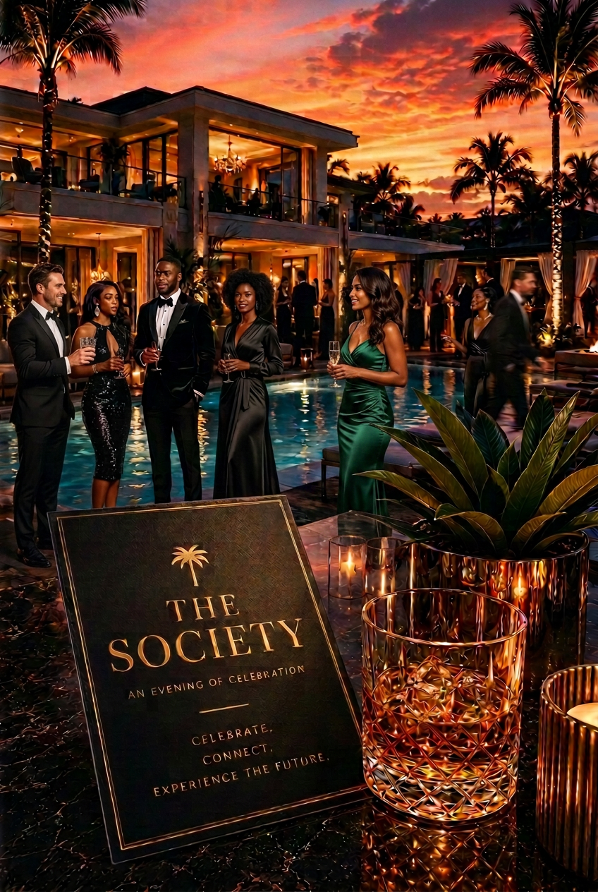 Guests in black-tie attire by the poolside at a private mansion at sunset, with The Society signage