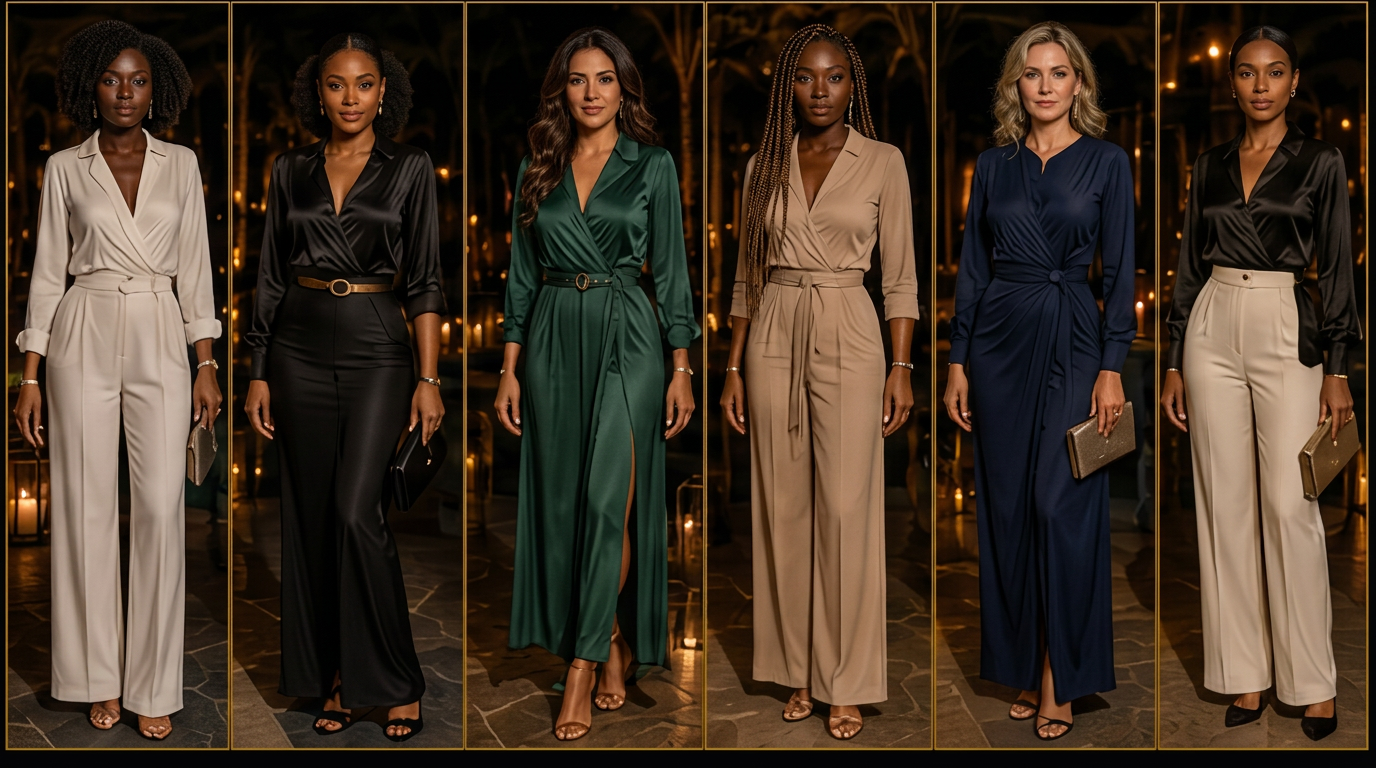Six guests in elegant jumpsuits and tailored sets in ivory, emerald and midnight