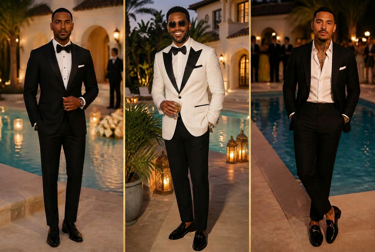 Three guests in black, burgundy and ivory dinner jackets with bow ties