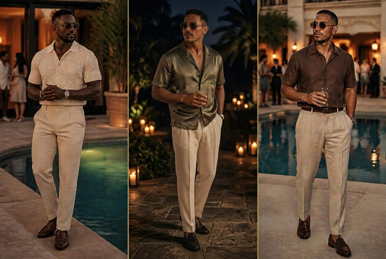 Three guests in knit polos and open-collar shirts with tailored trousers by the pool